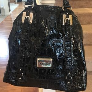 Guess large black patent leather tote